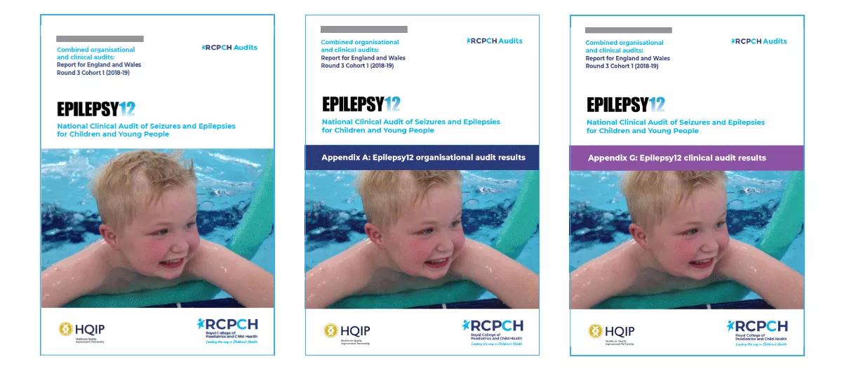 The covers of the Epilepsy12 National report, and clinical and organisational appendices. There is a young boy who is smiling on each cover. 
