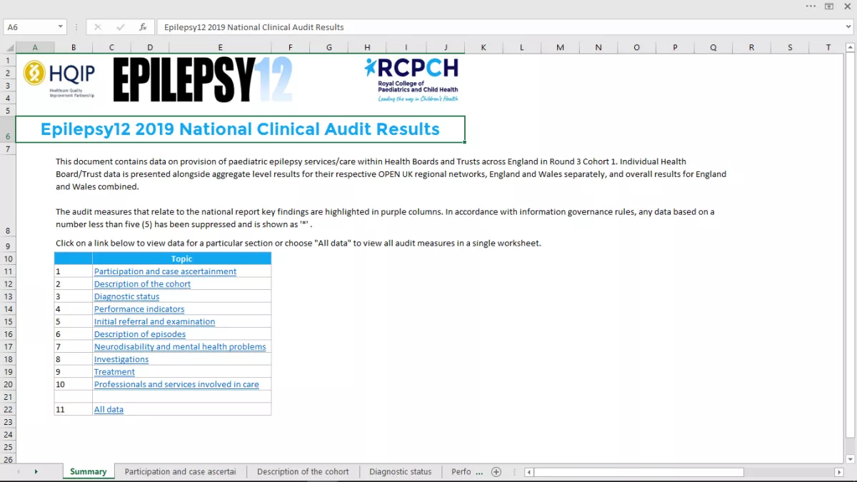Screenshot of the Epilepsy12 clinical audit detailed results spreadsheet