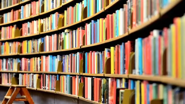 Lots of colourful books on shelving 