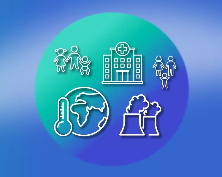 Icons about the climate - including a globe with thermometer, smokestacks, buildings 