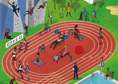 Illustration of people using track, swimming pool and rock climbing wall