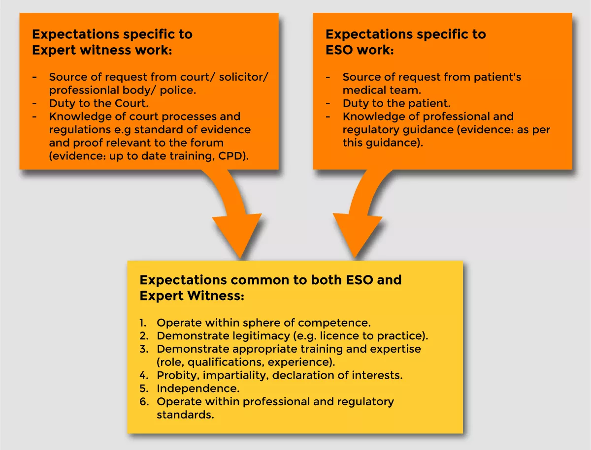 Diagram shows expectations specific to expert witness work,expectations specific to external second opinion work and expectations common to both EW and ESO work  