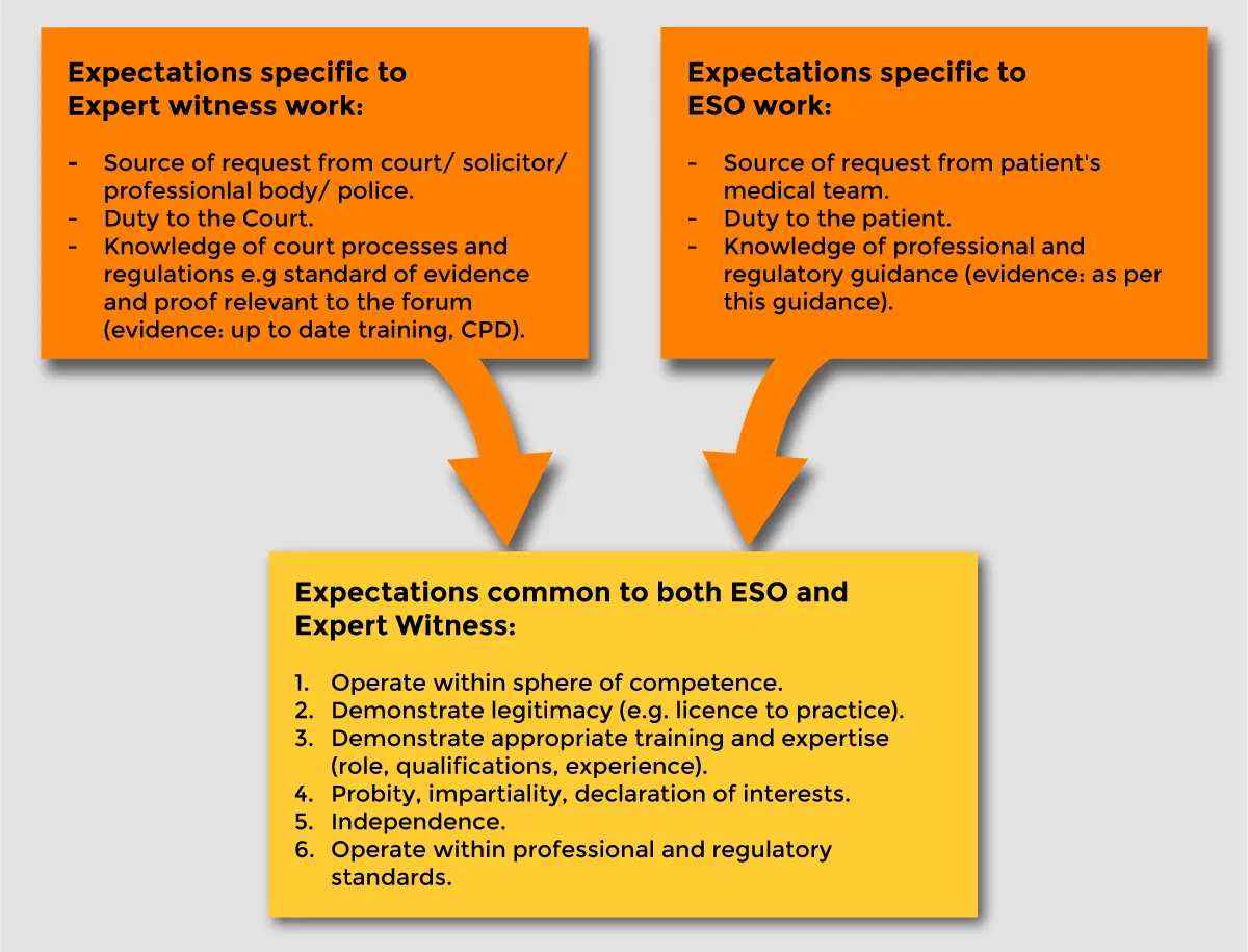 Diagram shows expectations specific to expert witness work,expectations specific to external second opinion work and expectations common to both EW and ESO work  