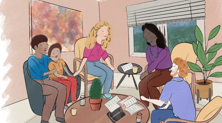 Illustration of a family speaking with two health professionals