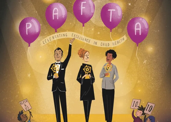 Illustration of three people holding awards, with balloons spelling PAFTA and children giving 10/10 scores