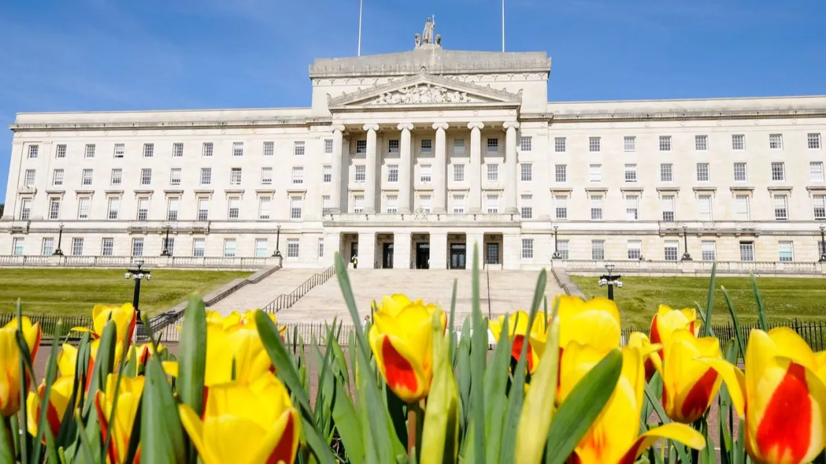 Stormont building, with tulips