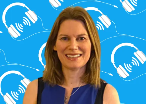 Dr Mairi Stark, with a background featuring headphones