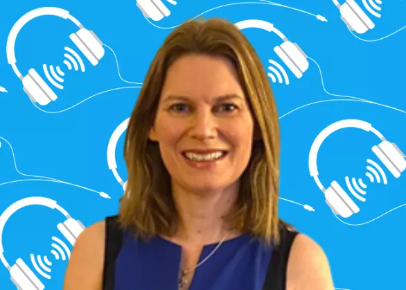 Dr Mairi Stark, with a background featuring headphones