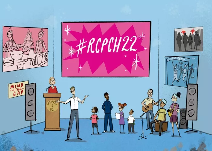 Illustration of people presenting and playing music, plus sign reading #RCPCH22