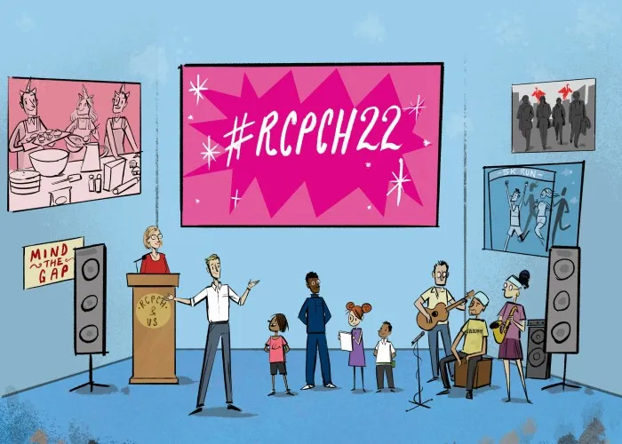 Illustration of people presenting and playing music, plus sign reading #RCPCH22