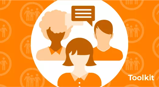 Icons of three people with speech bubble; background with repeated icon of family - 'Toolkit'
