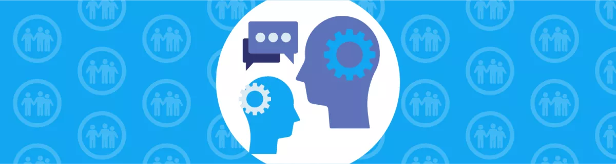 Icons of heads with thinking cogs and speech bubble; background with repeated icon of family 