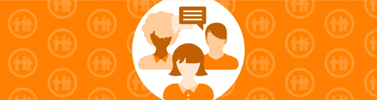 Icons of three people with speech bubble; background with repeated icon of family