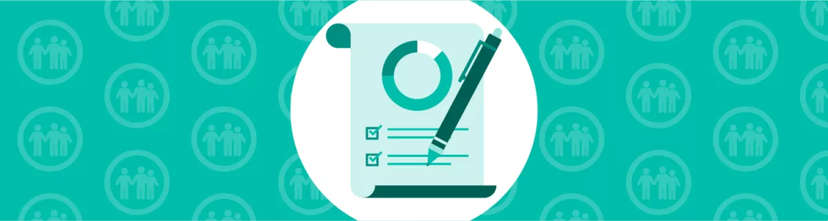 Icon of report with pie chart and checkmarks, with pen - with background of repeated icon of family