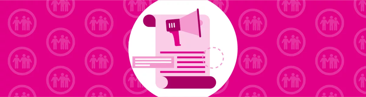 Icon of unrolled scroll with megaphone - on background of repeated icon of family