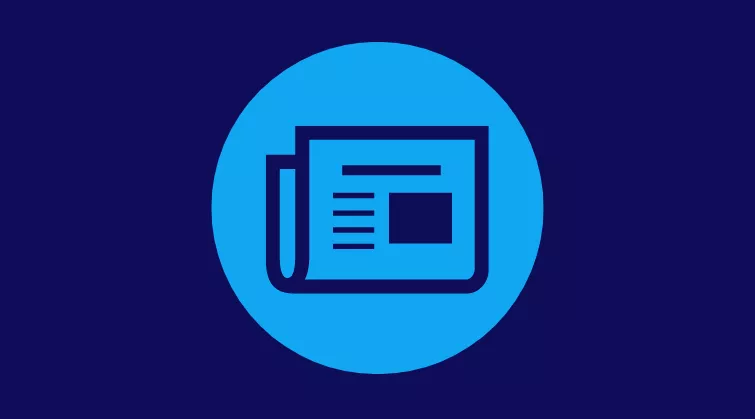 Newspaper icon on bright blue circle on dark blue background