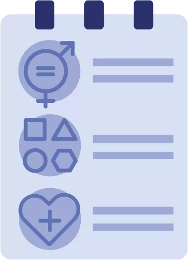 Icon: Paper from a pad with notes and images including male/female iconography, basic shapes and heart