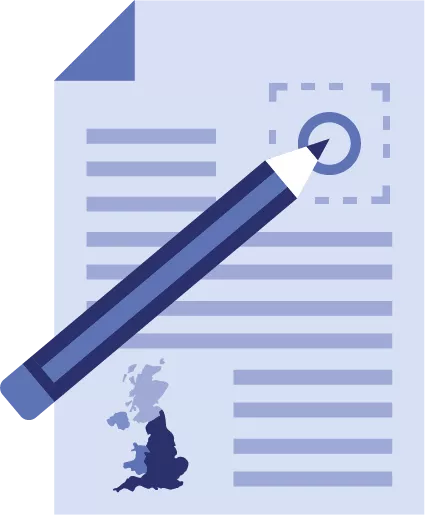 Icon: Document with lines and a map of UK, plus pencil pointing at dot