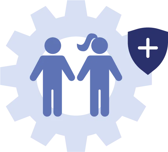 Icon: Cog with two people, plus health shield