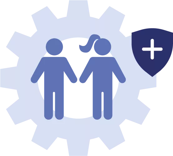 Icon: Cog with two people, plus health shield