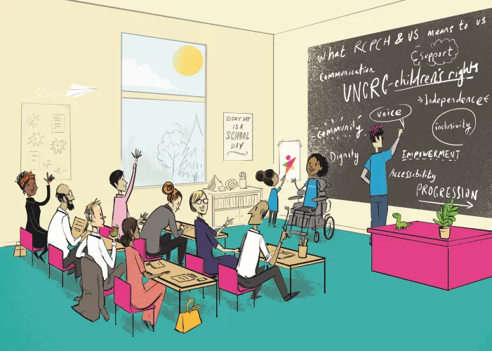 Illustration of a classroom with teacher writing on blackboard and young people, some with raised ands