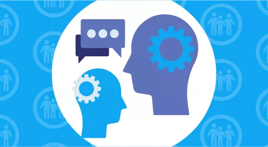 Illustration of heads with cogs and speech bubble