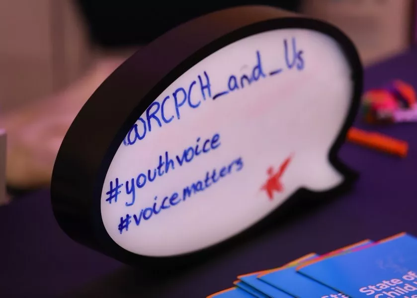 Speech bubble with handwritten notes: @RCPCH_and_us #youthvoice #voicematters
