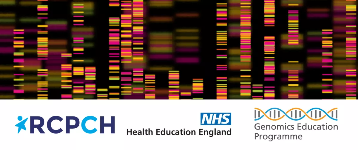 Data visualisation, plus logos for: RCPCH, NHS Health Education England, Genomics Education Programme
