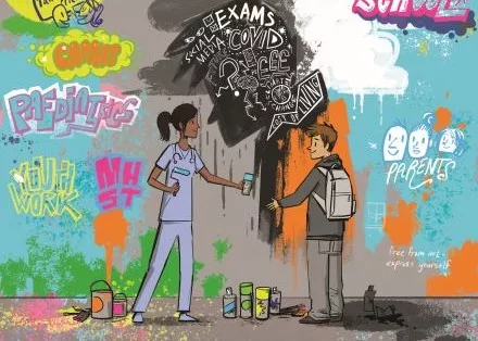 Illustration: a doctor hands a young person paint in front of spray painted wall with words including Paediatrics, Youth work, NHS, CAMHS, Exams, Social media, COVID, School, Parents
