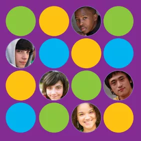 A purple background with round dots of bright colours on top. Some of the round dots of colours have been replaced with circular photos of faces. 