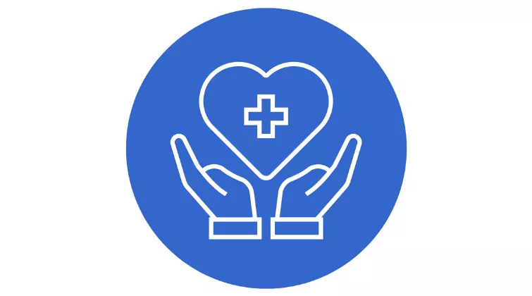 icon: two hands shaped around a symbolic heart that has a medical cross in the middle of it