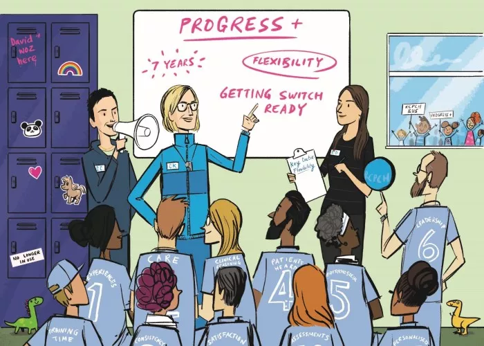 Illustration of people in front of whiteboard with 'Progress+, flexiblity, 7 years, getting switch ready' - with uniformed team players, plus people with placards