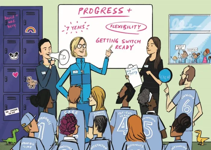 Illustration of people in front of whiteboard with 'Progress+, flexiblity, 7 years, getting switch ready' - with uniformed team players, plus people with placards