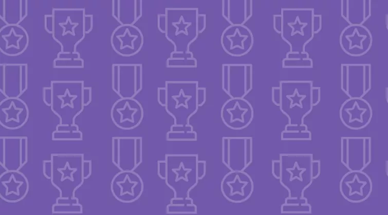 Illustrations of trophies and medals on a purple background