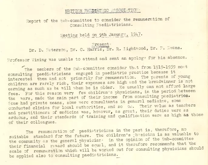 First page of a meeting of a BPA sub-committee on the remuneration of Consulting Paediatricians