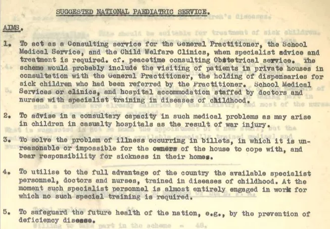 First page of document outlining proposals for a suggested National Paediatric Service