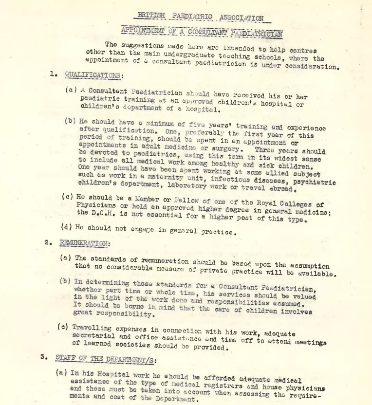 First page of BPA recommendations for appointment of a consultant paediatrician