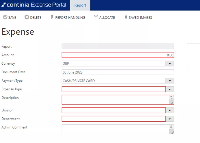 Continia expenses portal - Expenses report with mandatory fields highlighted in red