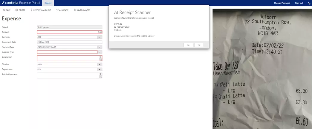 Continia expenses portal - Expenses report with sample receipt added