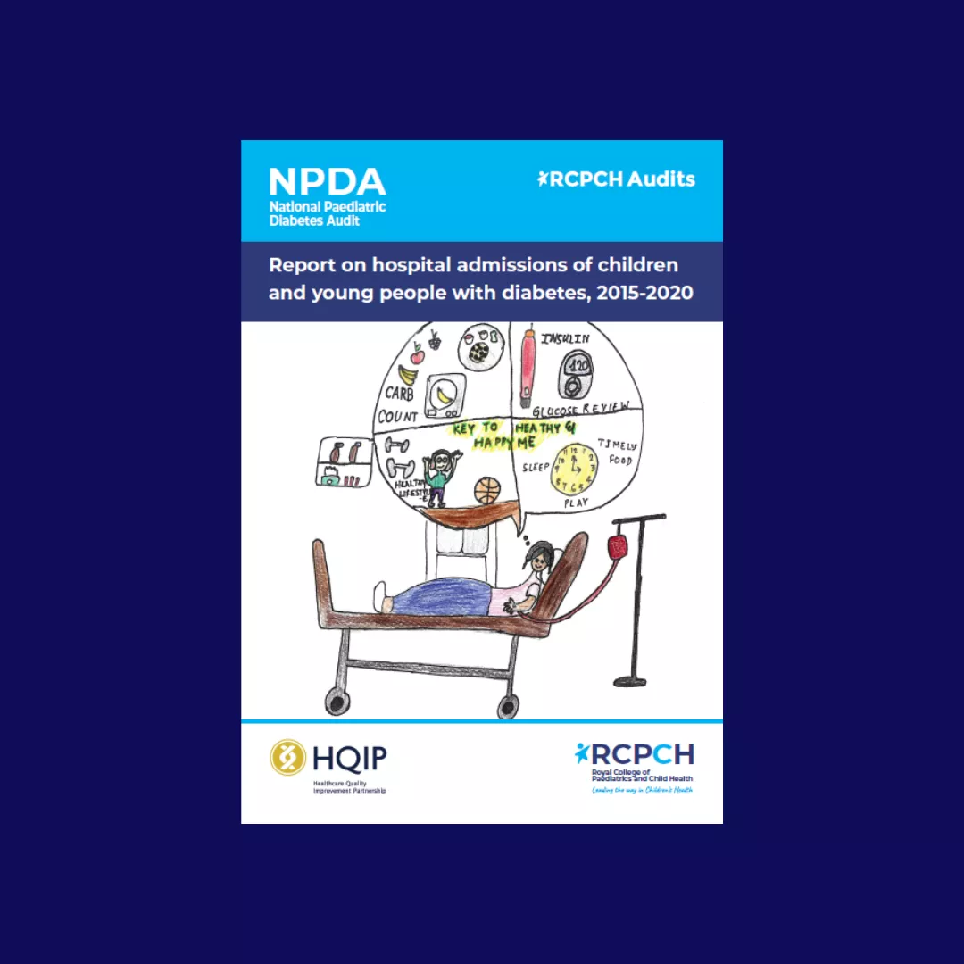 NPDA report front cover - Report on hospital admissions of children and young people with diabetes, 2015-2020, with illustration of child in bed and speech bubble with images and texts: carb count, insulin, glucose review, sleep / play / time of food