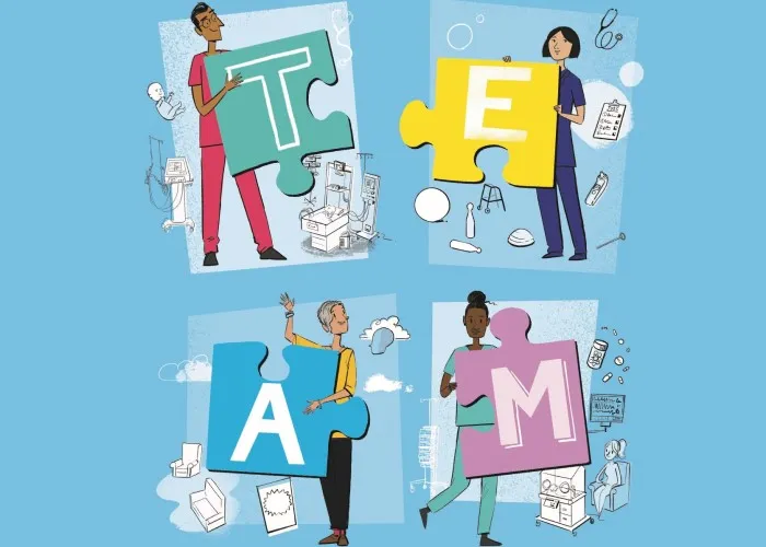 Illustration of four health professionals each with jigsaw letter spelling out TEAM