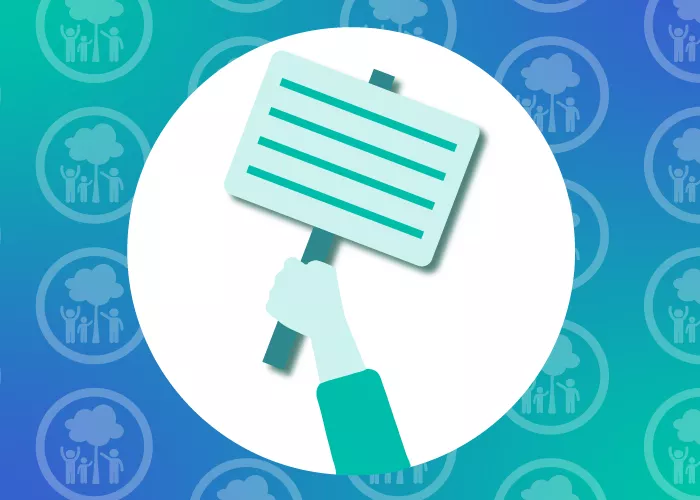 Graphic of hand holding placard, background with repeated icon of family and tree