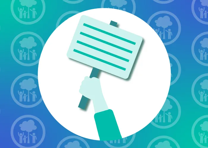 Graphic of hand holding placard, background with repeated icon of family and tree