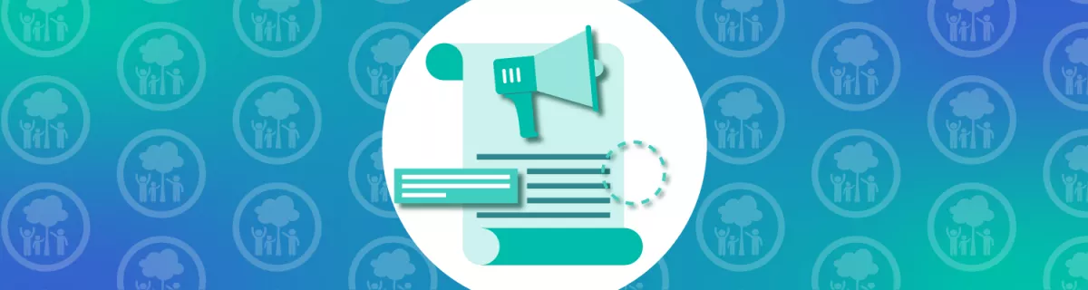 Graphic of megaphone, document and headline, on background with repeated icon of family and tree