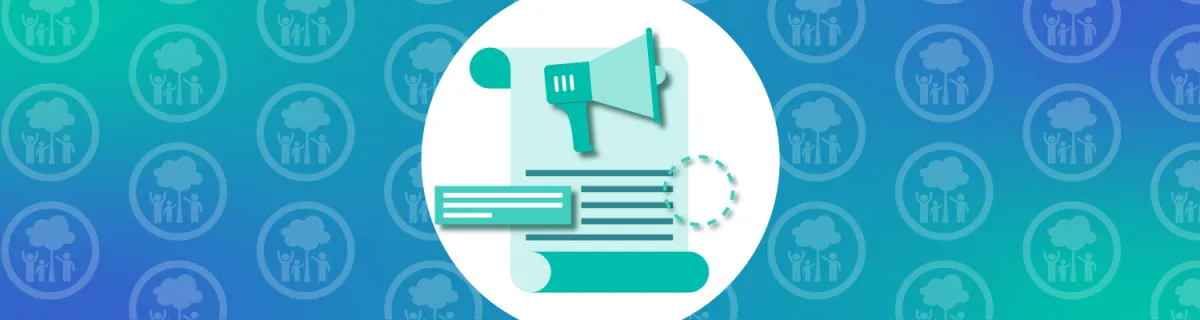 Graphic of megaphone, document and headline, on background with repeated icon of family and tree