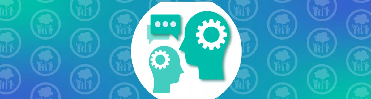 Graphic of two heads with cogs and speech bubbles, on background with repeated icon of family and tree