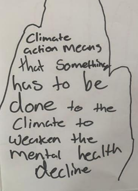 Handwritten text, climate action means that has to be done to the climate when mental health decline
