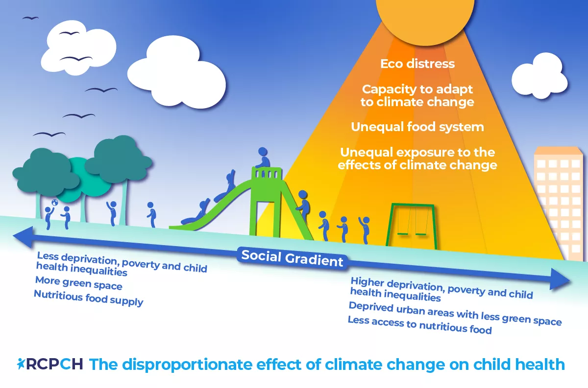 Illustration of park with slide, on a slope marked social gradient. Sun beams with words: Eco anxiety, Capacity to adapt to climate change, Unequal food system, Unequal exposure to the effects of climate change. Beneath higher side of slope reads: Less deprivation, poverty and child deprivation; More green space; Nutritious food supply. Beneath lower side of slope reads: Higher deprivation, poverty and child deprivation; Deprived urban areas with less green space; Less access to nutritious food. 
