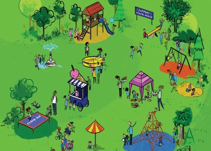 Illustration of a park with playground, marquees, trampoline, trees, with children playing and adults