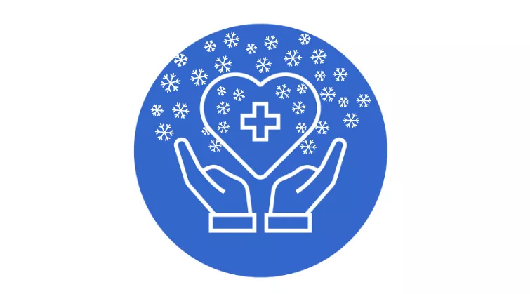 Icon - hands holding a heart with a medical cross inside, and snowflakes
